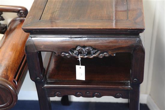 A Chinese hongmu square two tier stand, late 19th century, W.45cm H.79cm